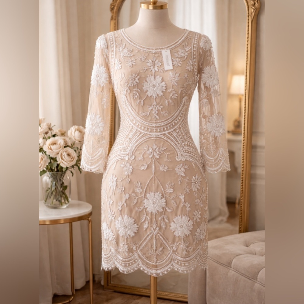 Minuet Nude Sequin Embroidered Midi Dress Size L Long Sleeve Evening Dress NWT